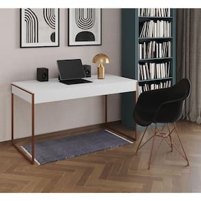 Escrivaninha Industrial Office Estudo Malta Branca 137x53cm com 1 Poltrona Preta Eames Eiffel Base C