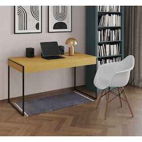 Escrivaninha Home Office Estilo Industrial Malta Canela 137x53cm Ferro Preto com 1 Poltrona Branca E