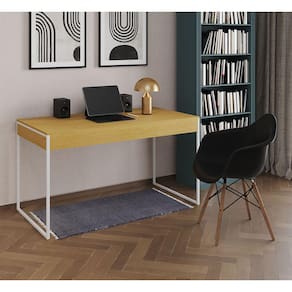 Escrivaninha Home Office Estilo Industrial Malta Canela 137x53cm Ferro Branco com 1 Poltrona Preta E