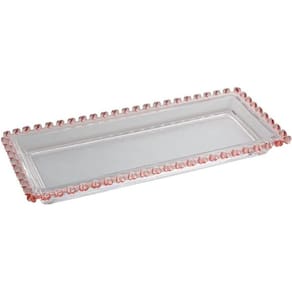 Travessa Retangular de Cristal Coração Borda Rosa 30cm x 13c