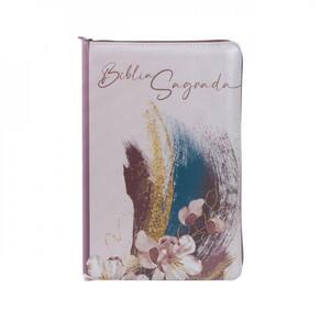 Bíblia Nvi Com Zíper: Capa Em Couro Soft Rosa Com Acabamento Em Glitter, Letras De Jesus Em Vermelho