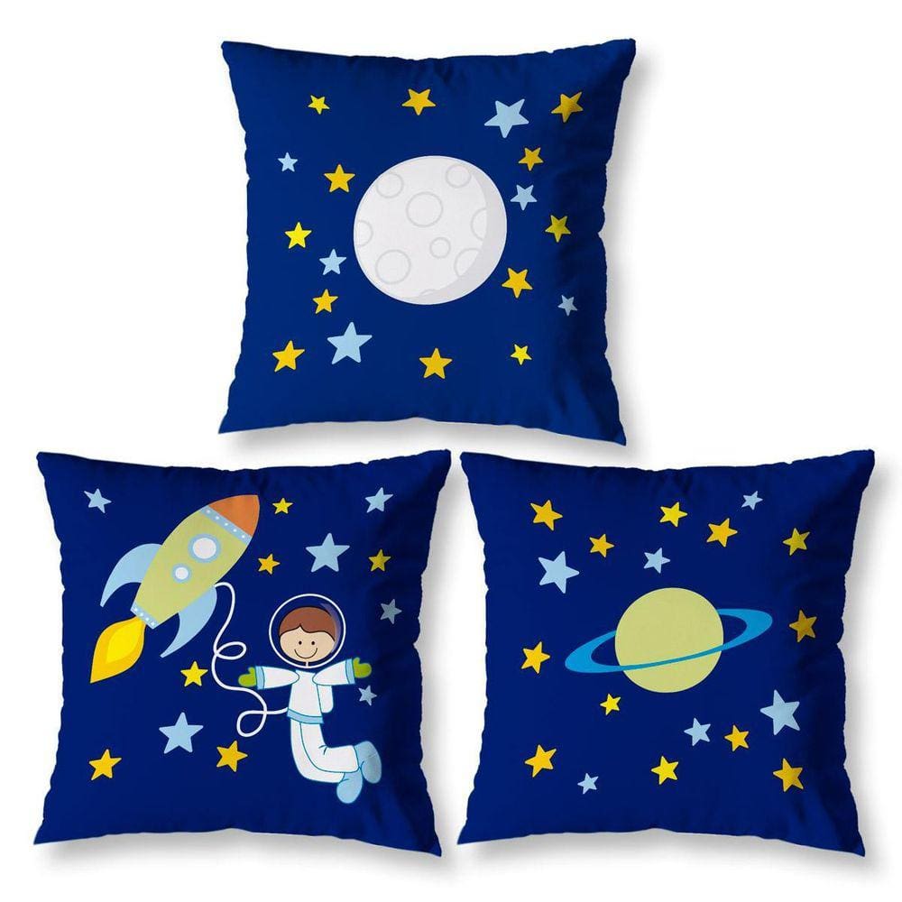 Kit 3 Capa De Almofada Infantil 40Cm X 40Cm Zíper Astronauta