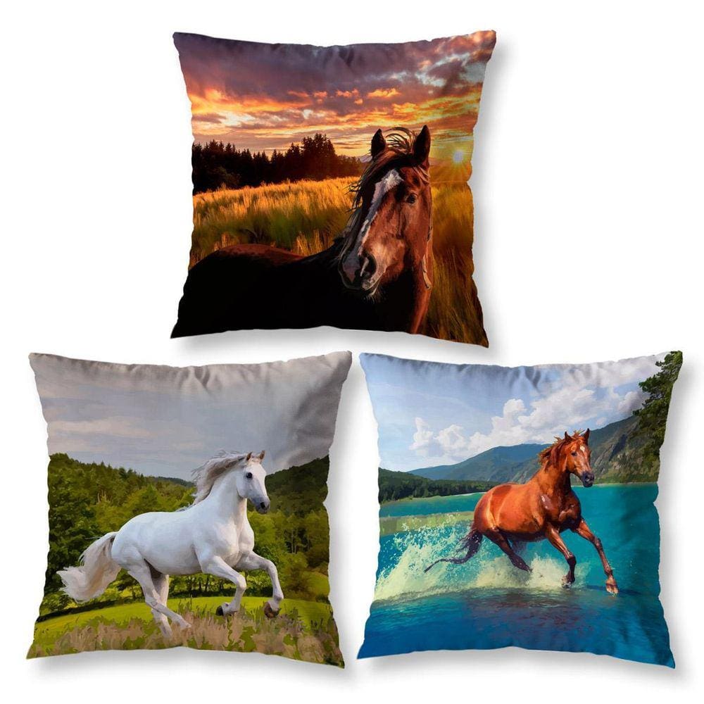 Kit 3 Capas De Almofada 40Cm X 40Cm Estampadas Cavalo