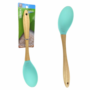 Colher de Silicone Utensílio de Cozinha Servir Arroz Cabo Madeira Resistente Verde