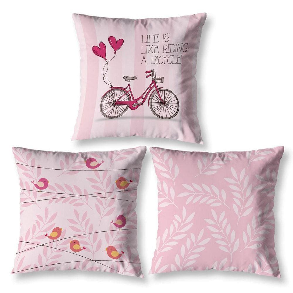 Kit 3 Capas De Almofada 40 X 40 Estampadas Vintage Bike Rosa