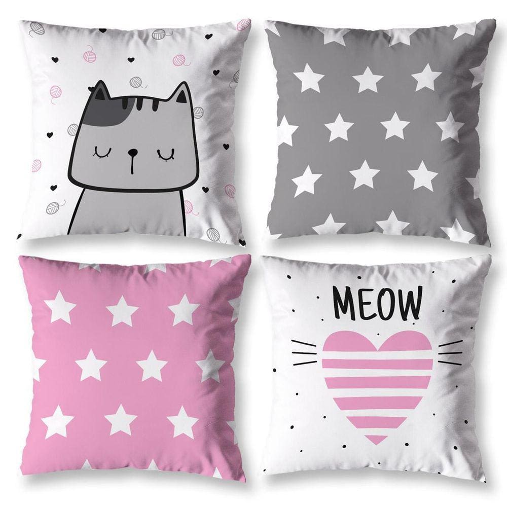 Kit 4 Capas De Almofada Infantil 40Cm X 40Cm Estampadas Gato