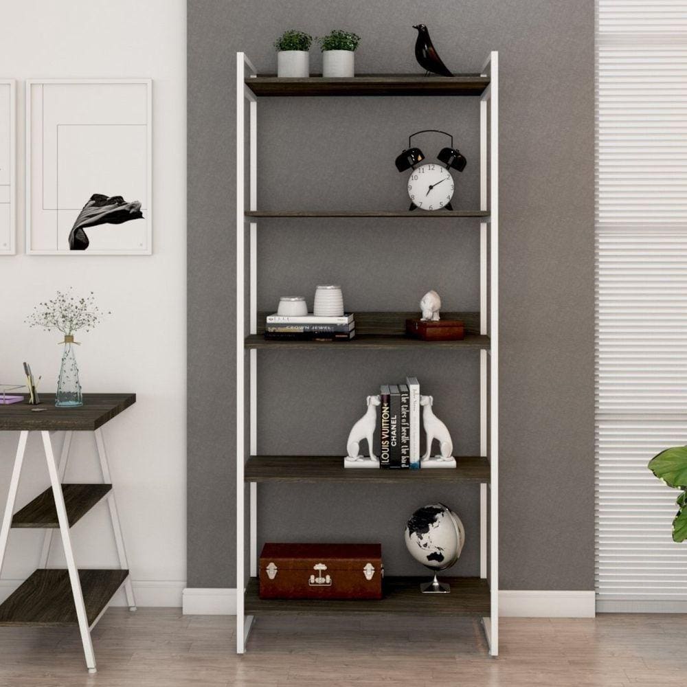 Estante Multiuso 5 Prateleiras 187x80cm Industrial Kuadra Compace Carvalho Dark / Est.Branca