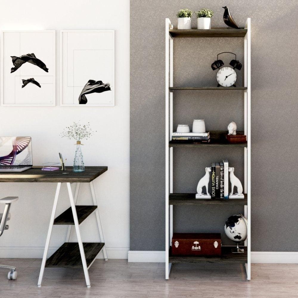 Estante Multiuso 5 Prateleiras 187x60cm Industrial Kuadra Compace Carvalho Dark / Est.Branca