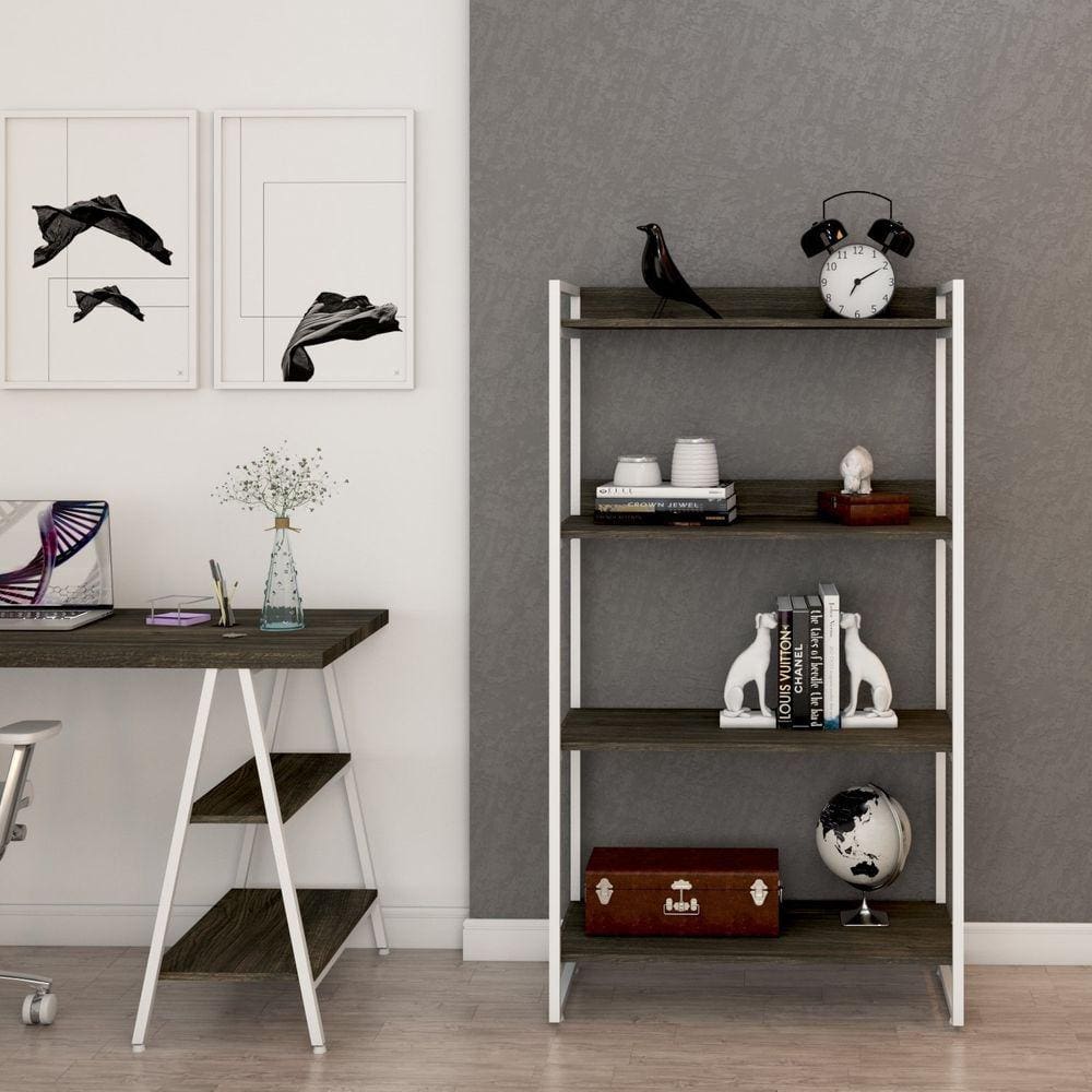 Estante Multiuso 146cmx80cm com 4 Prateleiras Kuadra Carvalho Dark/Est.Branca