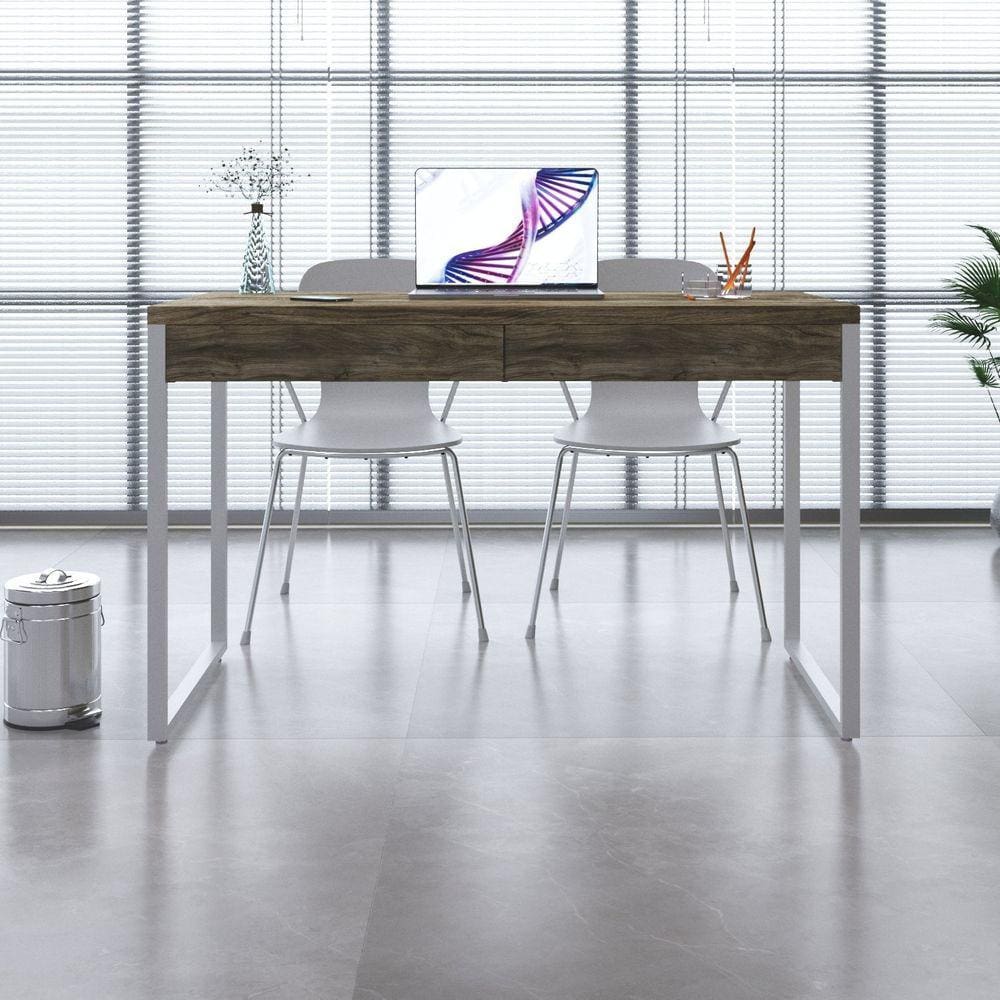 Mesa para Escritório 120cm 2 Gavetas Kuadra Carvalho / Est.Branca