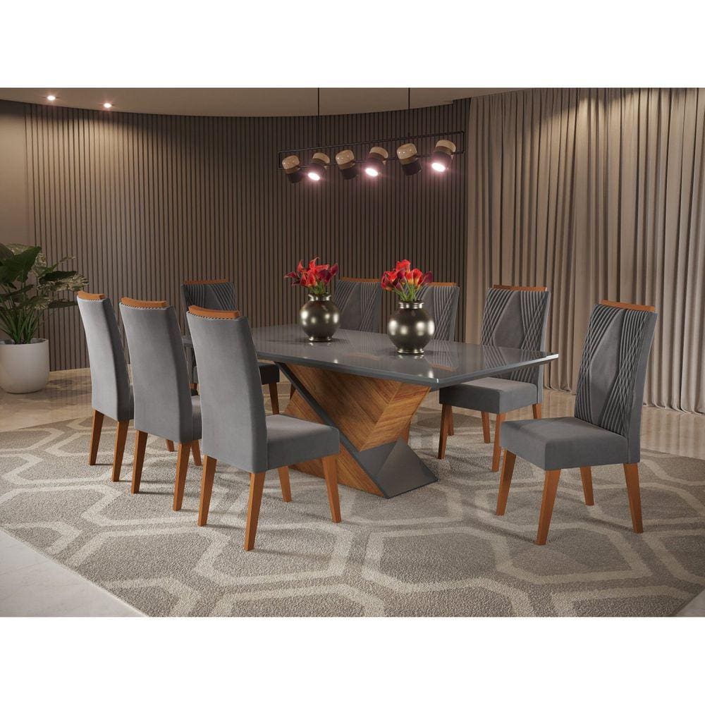 Mesa de Jantar Retangular Pipa com 8 Cadeiras Vegas Mel/Cinza/Grafite