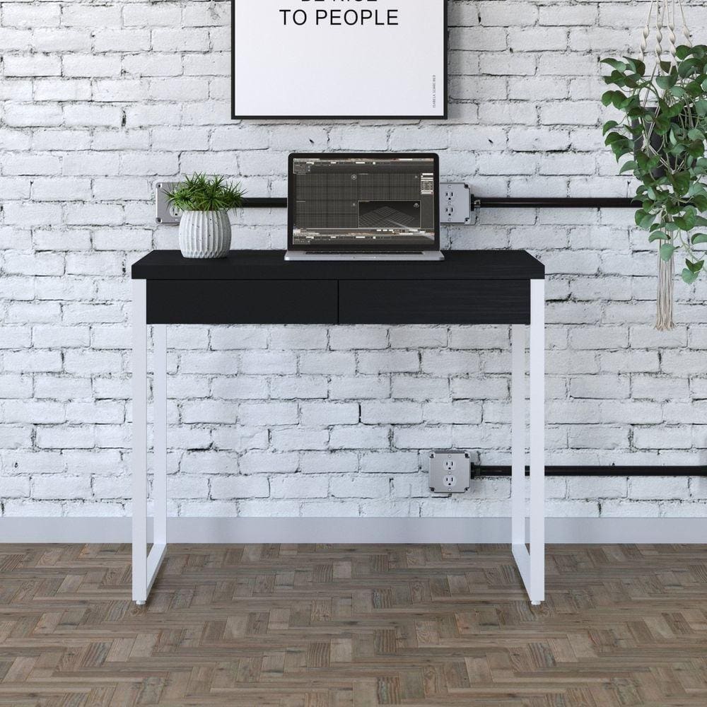 Mesa para Escritório 90cm 2 Gavetas Kuadra Preto Ônix / Est.Branca