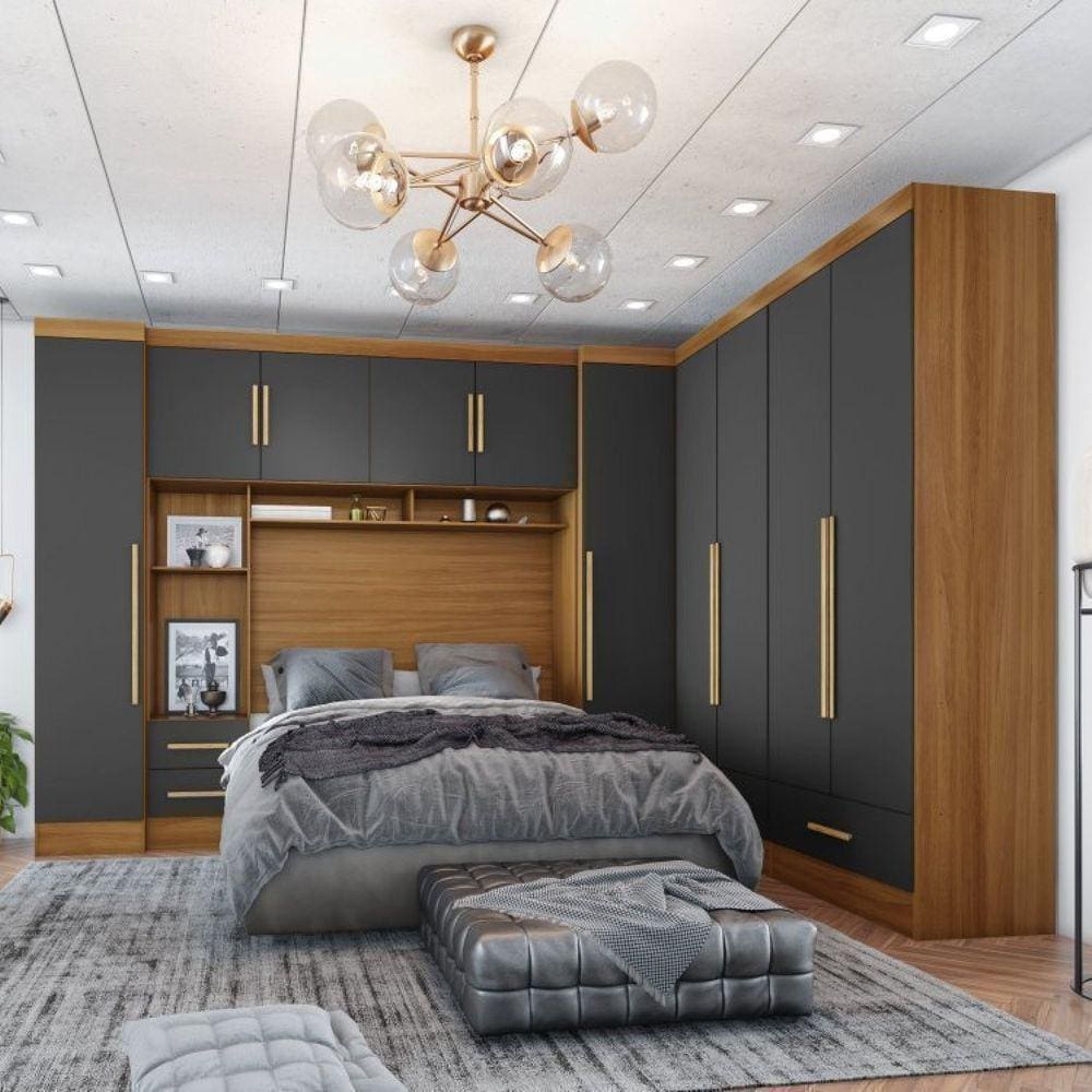 Quarto De Casal Completo 5 Peças 6 Portas 4 Gavetas Com Maleiro Smart Plus Cinamomo/Cinza