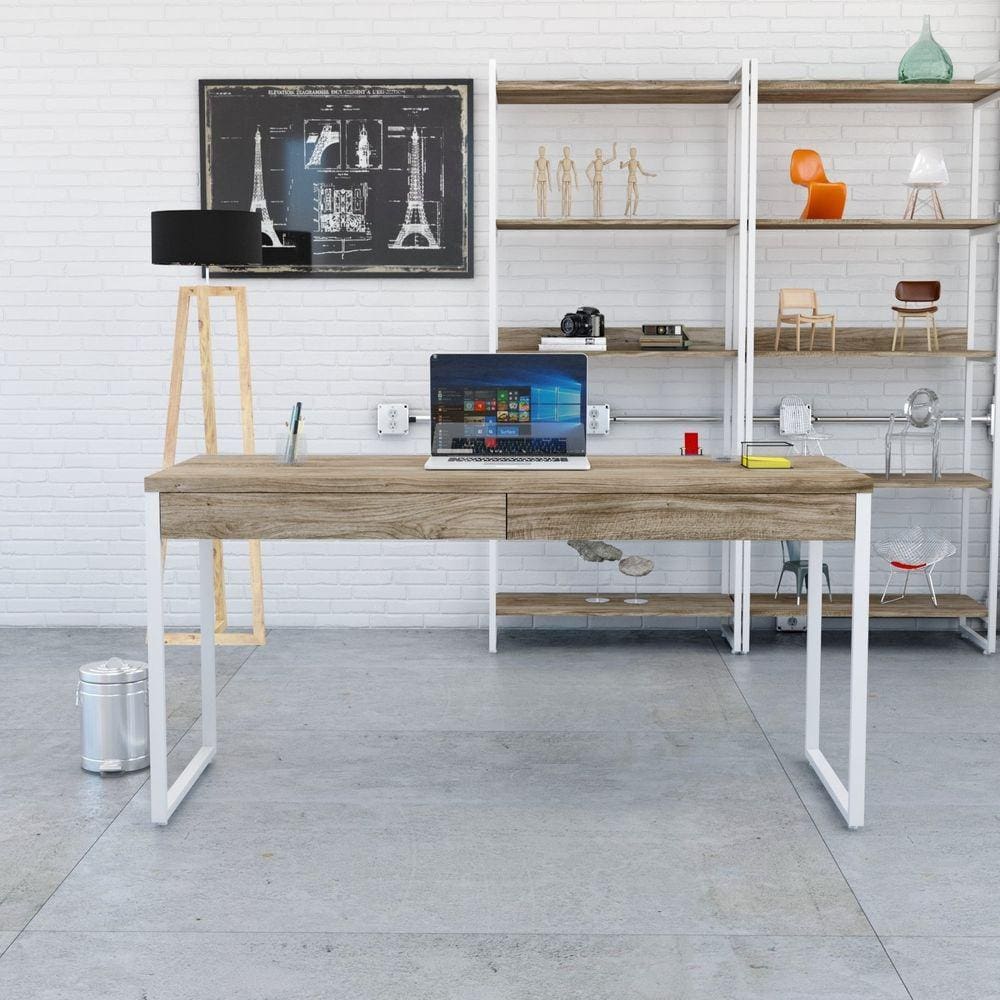 Mesa para Escritório 150cm 2 Gavetas Kuadra Carvalho / Est.Branca