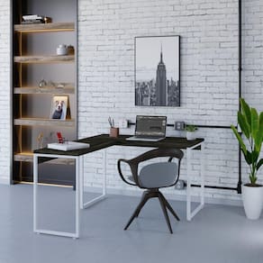 Mesa de Escritório em L Estilo Industrial 120x150cm Kuadra Carvalho Dark / Est.Branca