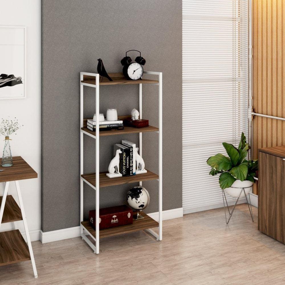 Estante Multiuso 146cmx60cm com 4 Prateleiras Kuadra Nogal/Est.Branca