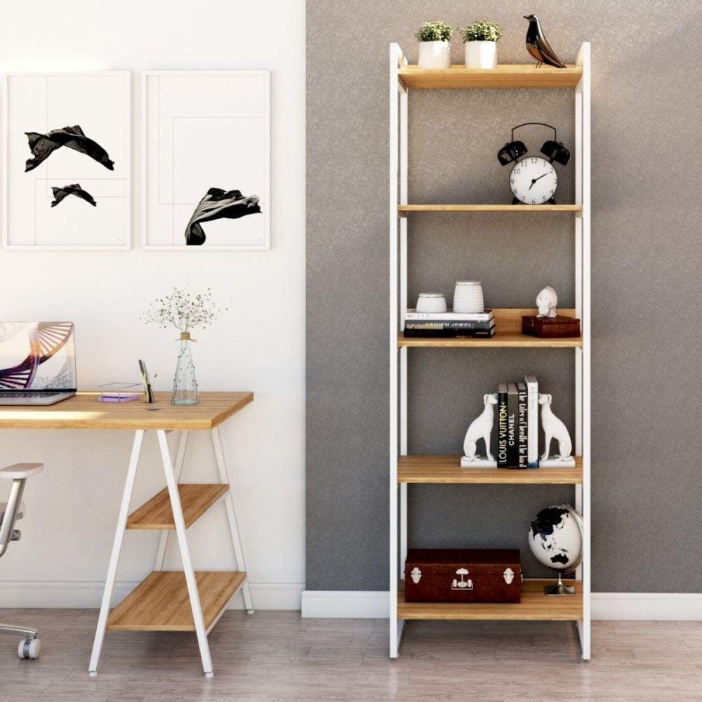 Estante Multiuso 5 Prateleiras 187x60cm Industrial Kuadra Compace Lâmina Mel / Est.Branca