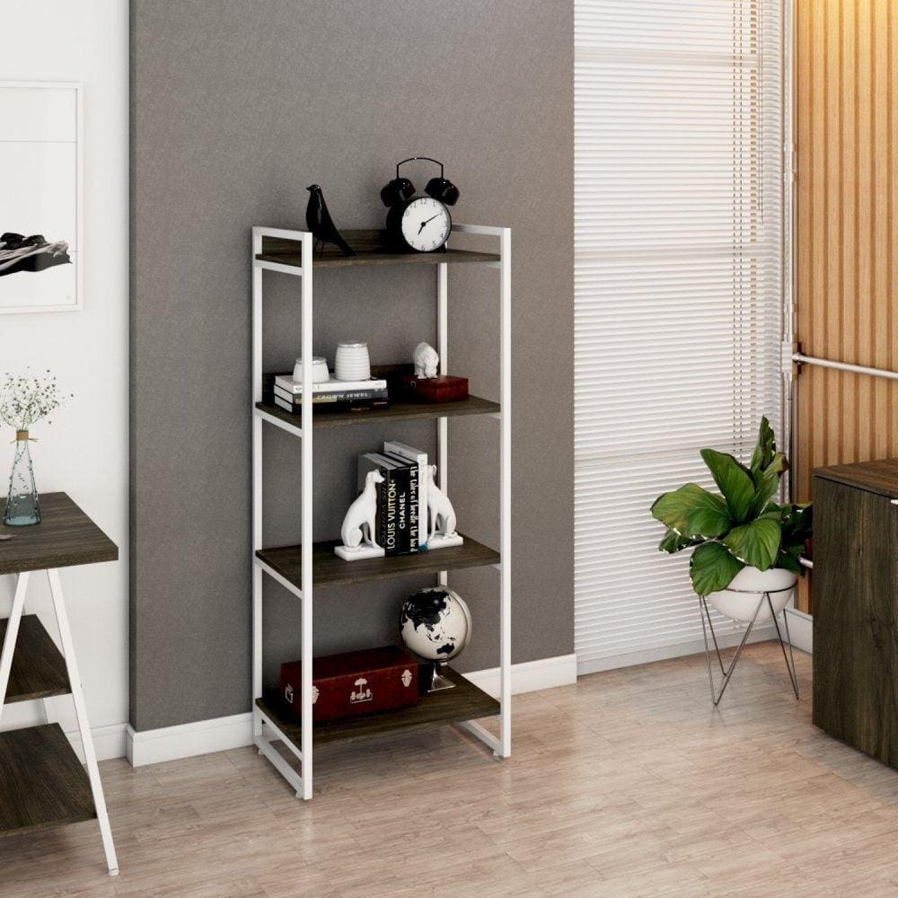 Estante Multiuso 146cmx60cm com 4 Prateleiras Kuadra Carvalho Dark/Est.Branca