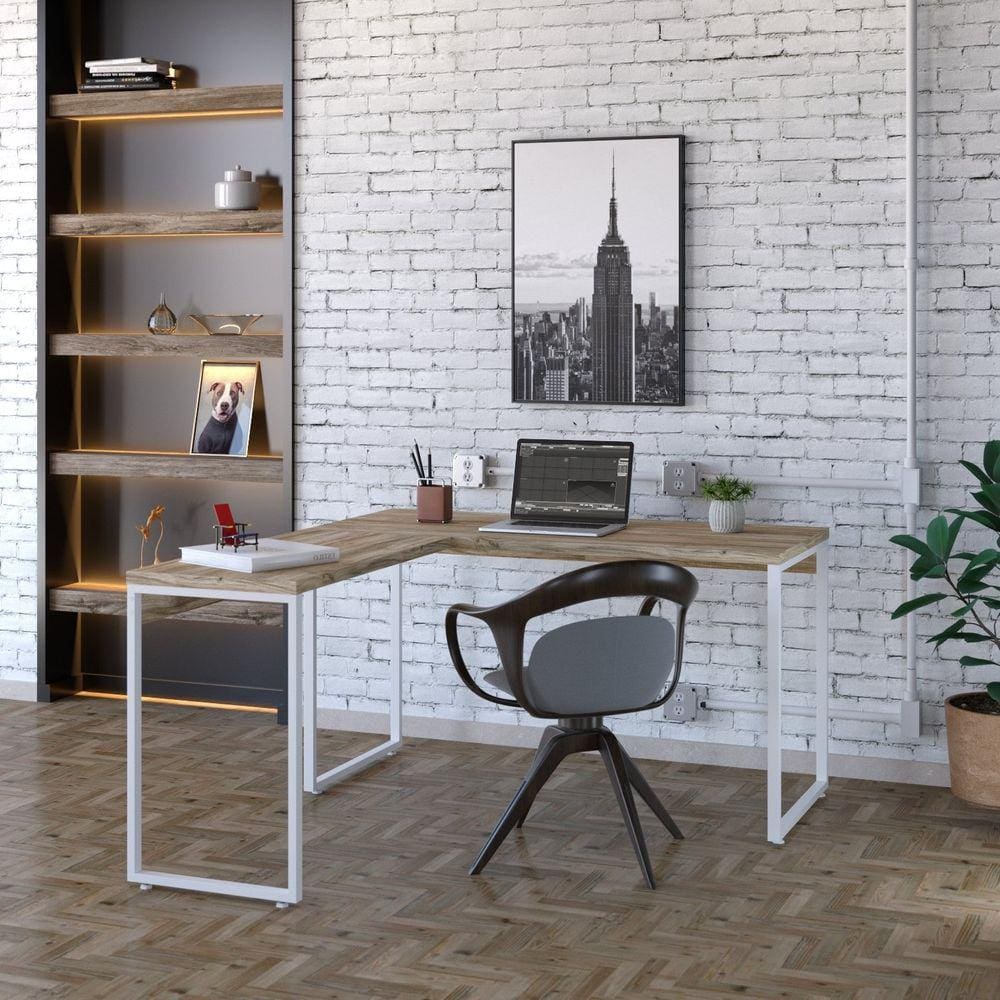 Mesa de Escritório em L Estilo Industrial 135x150cm Kuadra Carvalho / Est.Branca