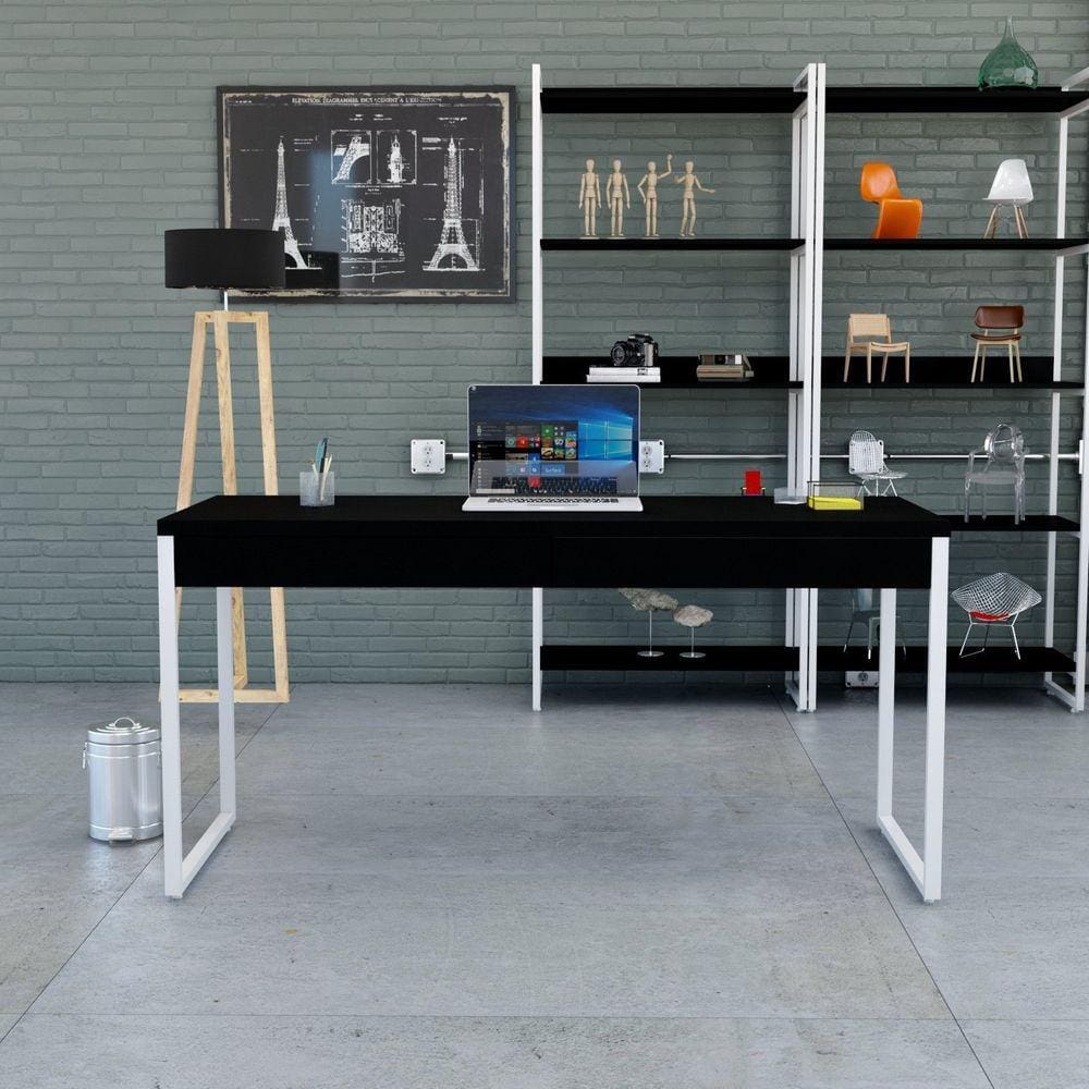 Mesa para Escritório 150cm 2 Gavetas Kuadra Preto Ônix / Est.Branca