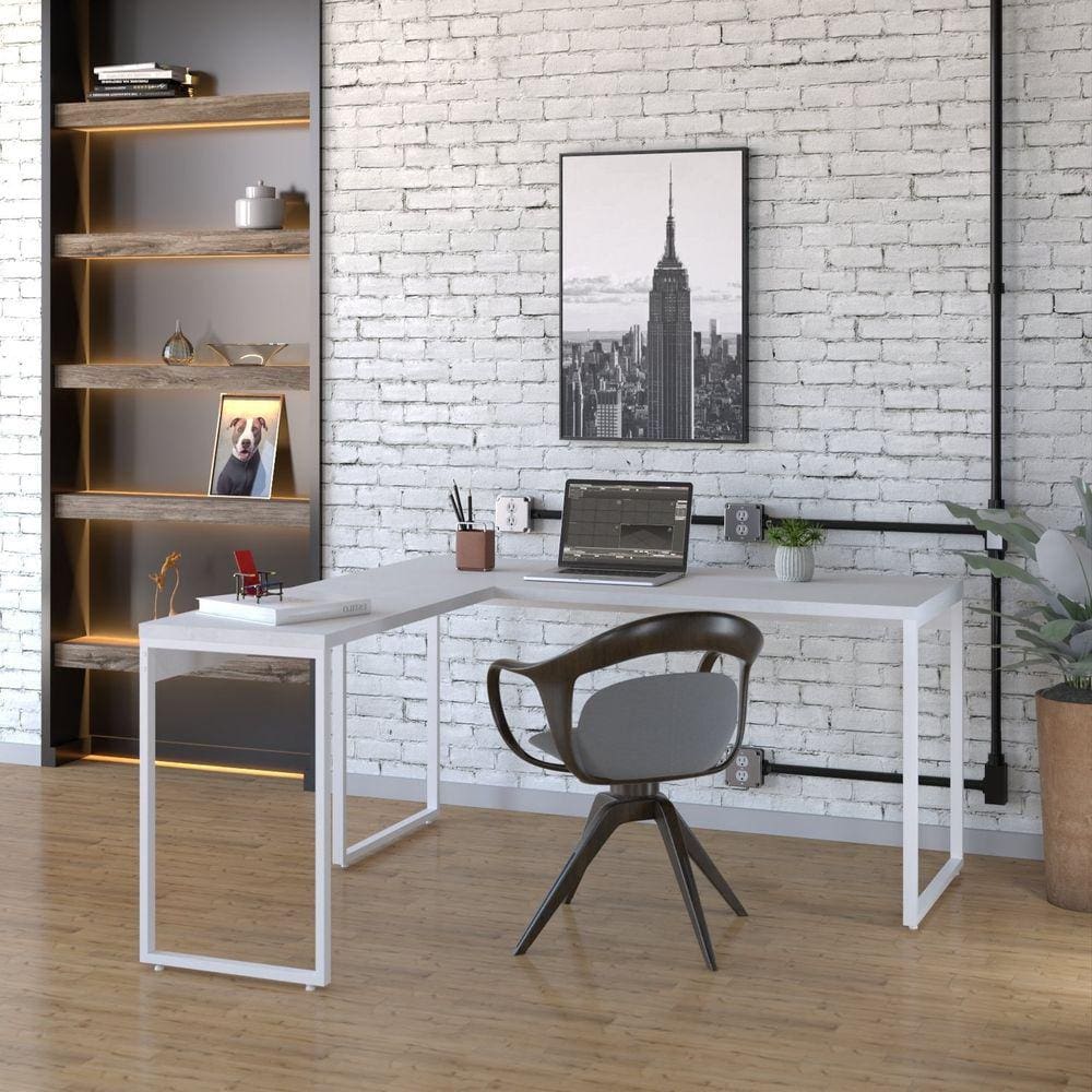 Mesa de Escritório em L Estilo Industrial 150x150cm Kuadra Branco Chess / Est.Branca