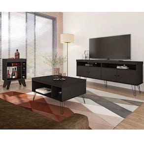 Conjunto Sala de Estar Rack para TV até 60 Pol com Mesa de Centro Retangular e Bar com Espelho Drink Preto