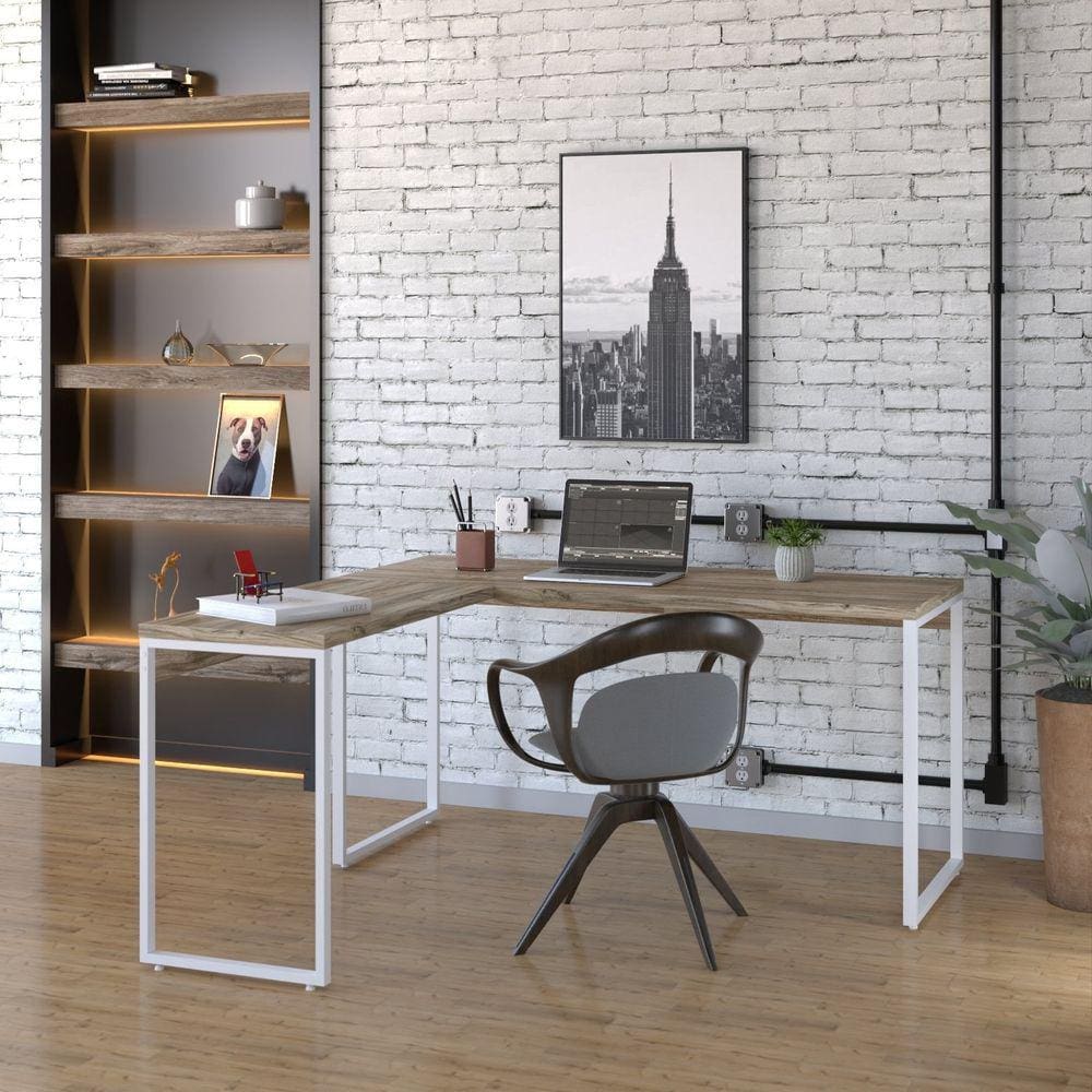 Mesa de Escritório em L Estilo Industrial 150x150cm Kuadra Carvalho / Est.Branca
