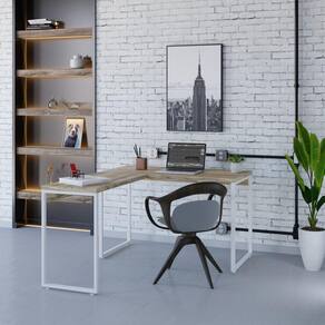 Mesa de Escritório em L Estilo Industrial 120x150cm Kuadra Carvalho / Est.Branca