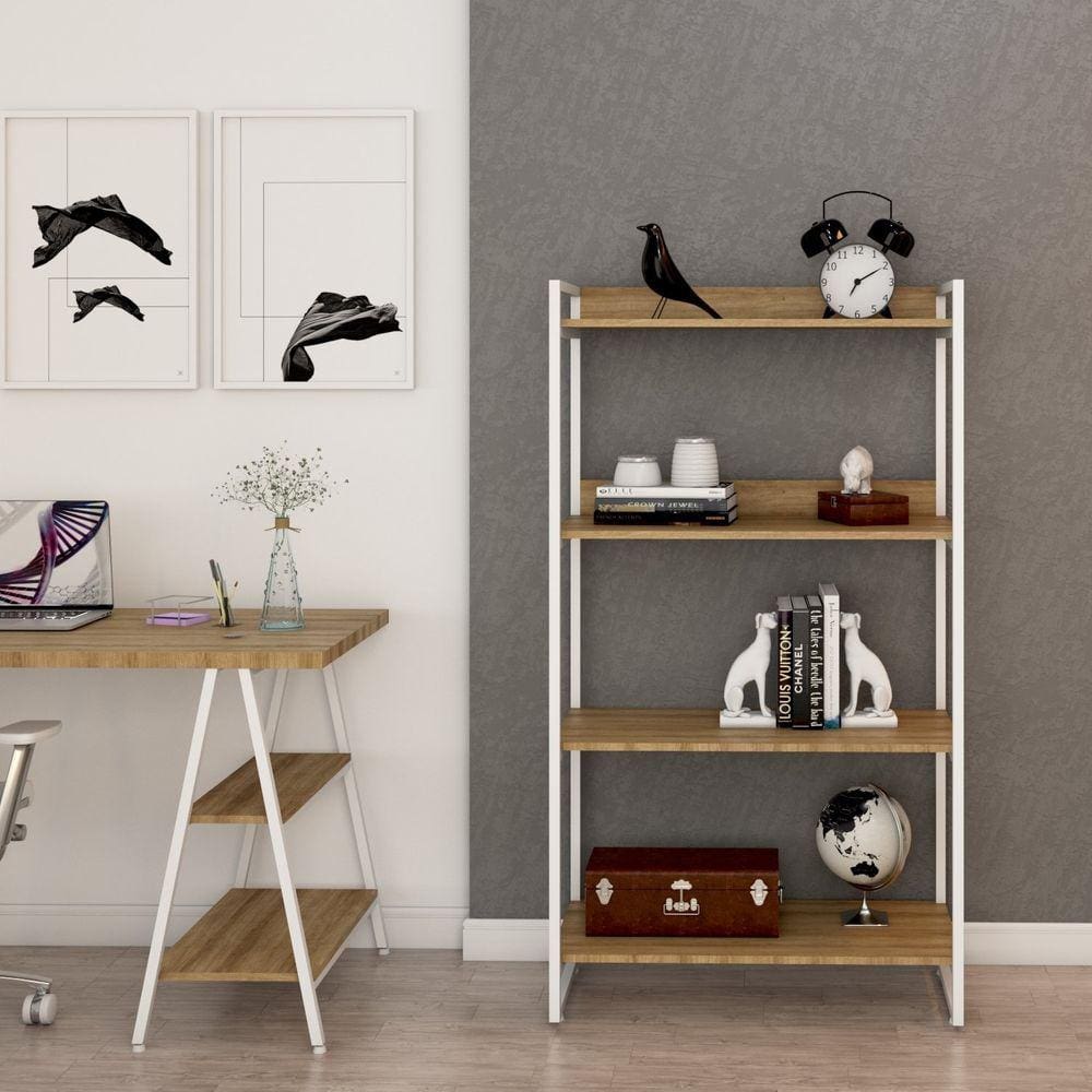 Estante Multiuso 146cmx80cm com 4 Prateleiras Kuadra Lâmina Mel/Est.Branca