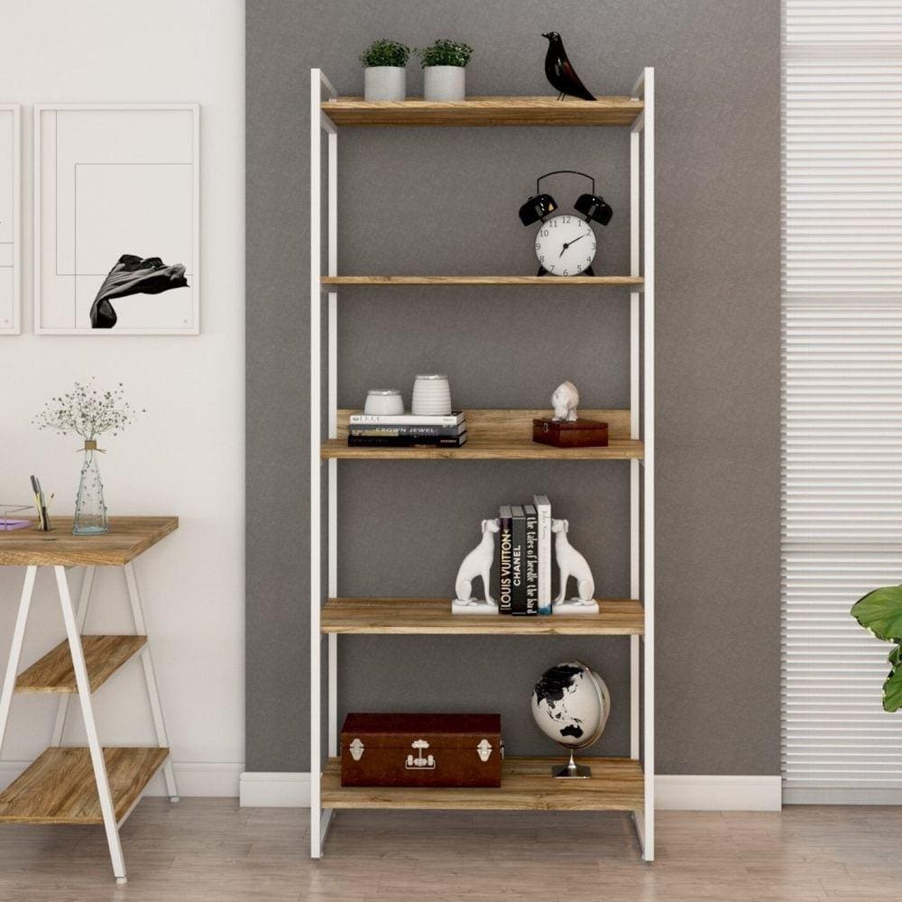 Estante Multiuso 5 Prateleiras 187x80cm Industrial Kuadra Compace Carvalho / Est.Branca