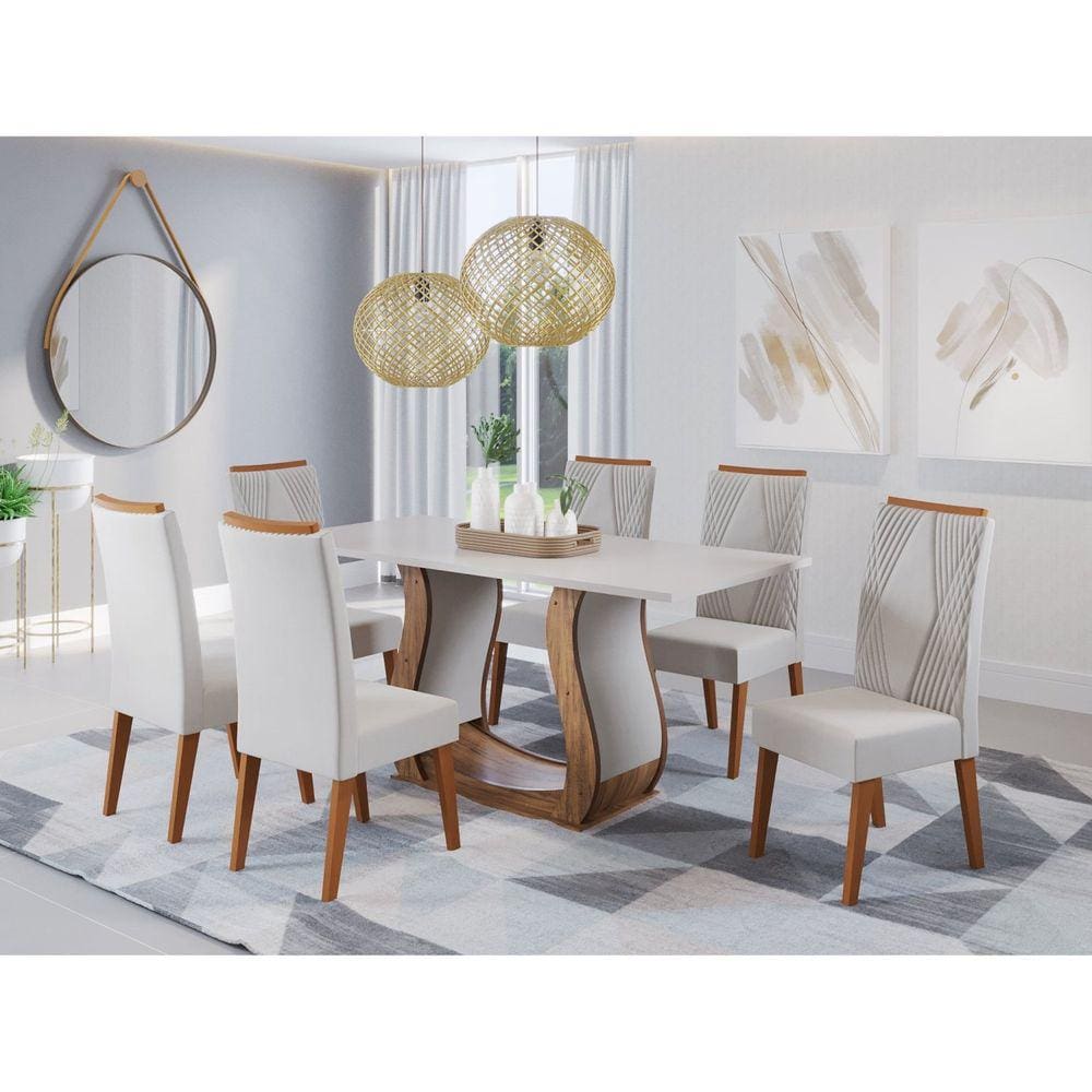 Mesa de Jantar Retangular Vitalic com 6 Cadeiras Vegas Imbuia/Blonde/Marfim