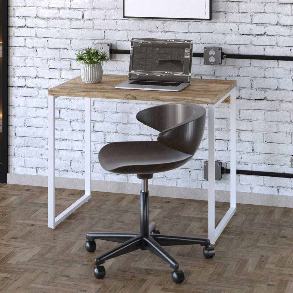 Mesa para Escritório Office Estilo Industrial 90cm Kuadra Carvalho/Est.Branca
