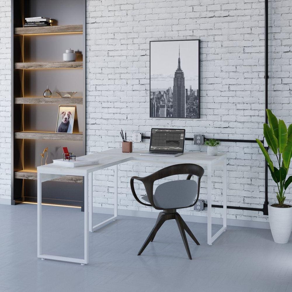 Mesa de Escritório em L Estilo Industrial 120x150cm Kuadra Snow / Est.Branca