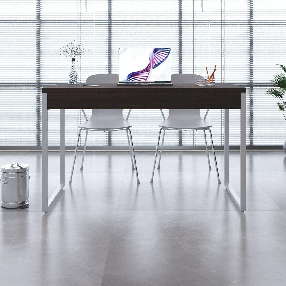 Mesa para Escritório 120cm 2 Gavetas Kuadra Nogal / Est.Branca