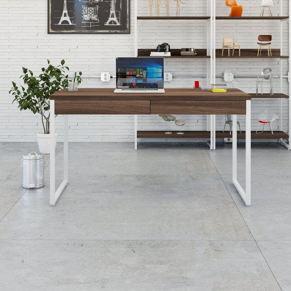 Mesa para Escritório 135cm 2 Gavetas Kuadra Nogal / Est.Branca
