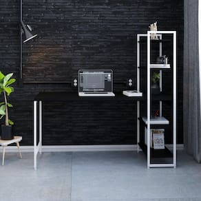 Escrivaninha com Estante 4 Prateleiras Estilo Industrial 150cm Active Yescasa Preto Ônix / Est.Branca