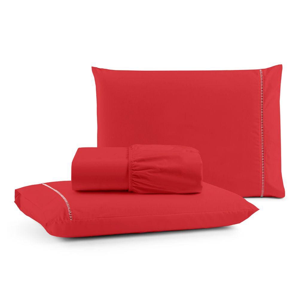 Jogo Cama Lençol Bali King Percal 180 Fios 100% Algodão Ponto Palito 3 Peças - Vermelho