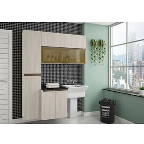 Armário De Lavanderia 3 Pçs Com Tampo E Vidro Pérola Móveis Branco Polar Com Legno Crema E Preto