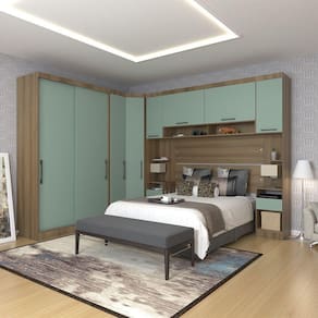 Quarto De Canto Casal Com Guarda Roupas Cabeceira E Mesas De Cabeceira Paris Luciane Móveis Avelã Pf Com Verde Pf