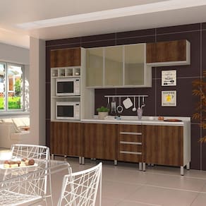 Cozinha Completa 5 Peças Com Tampo E Vidro Reflecta Lis Legno Crema Com Nogueira Dourado