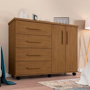 Cômoda Geval Encanto com 04 Gavetas 02 Portas e Rodízios - Amêndoa
