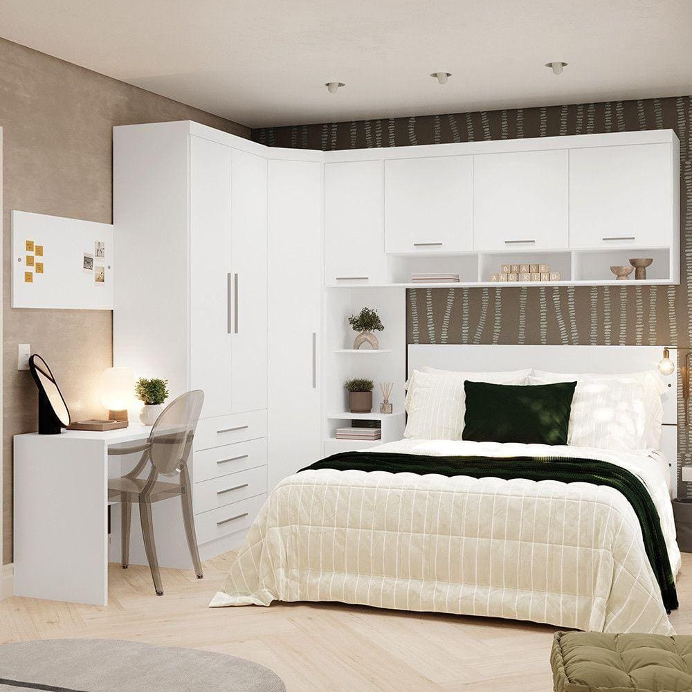 Quarto De Canto Casal Com Guarda Roupas Cabeceira E Escrivaninha Alpes Luciane Móveis Branco Pf Com Branco Pf