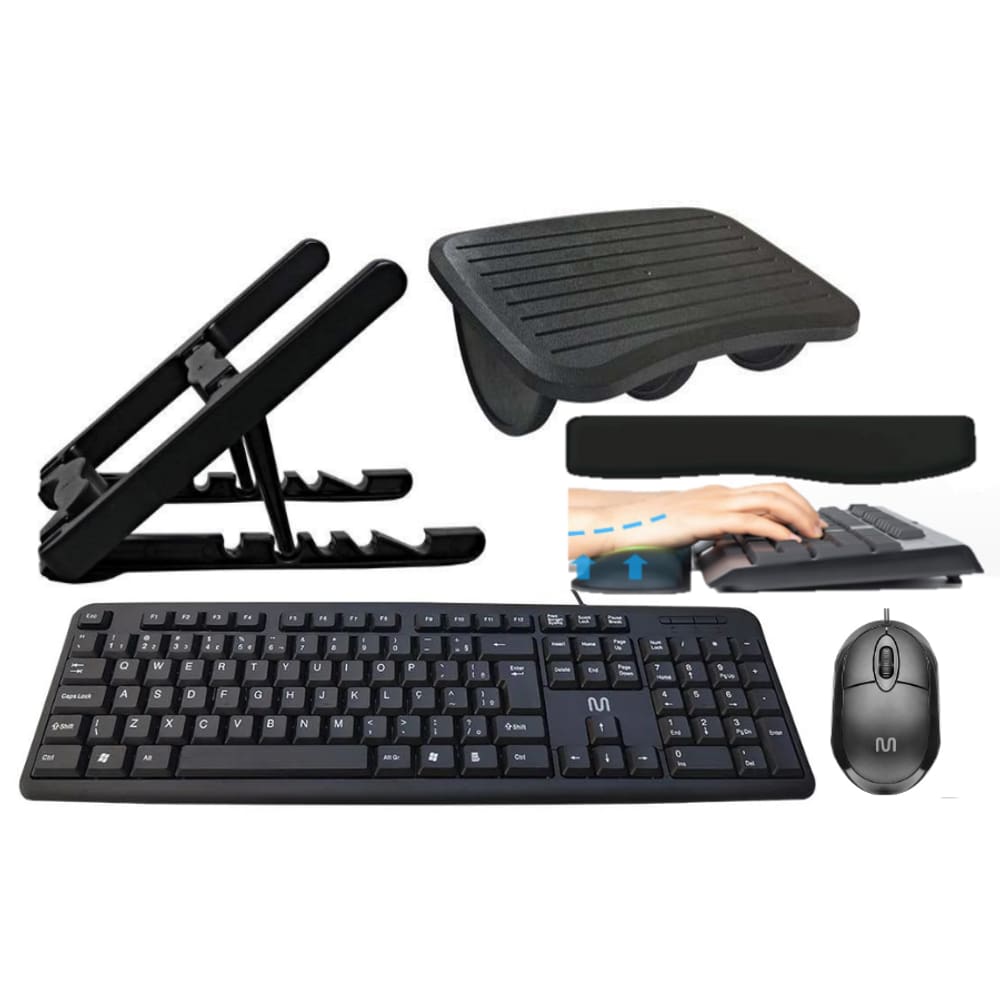 Kit Office - Suporte p/Notebook, Teclado e mouse com fio Multilaser, Apoio p/ Teclado(Keypad) E Apoio de Pés