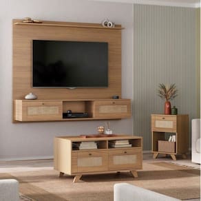Conjunto Sala de Estar Painel para TV até 72 Polegadas com Mesa de Centro e Mesa de Apoio Trama Carvalho