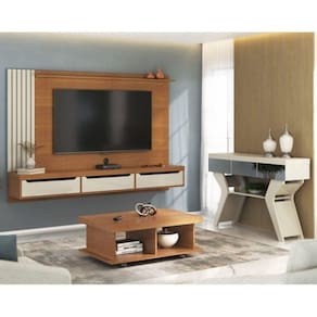 Conjunto Sala de Estar Painel para TV até 75 Pol com Mesa de Centro Dunas e Aparador com Espelho Cinamomo/Off White