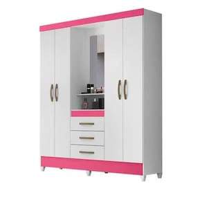Guarda Roupa 4 Portas, 3 Gavetas; 1,65 m Com Espelho Branco / Rosa ; Moval Capri (831442.3)