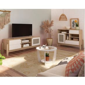 Conjunto Sala de Estar Rack para TV até 60 Polegadas com Mesa de Centro e Buffet Canadá Naturale/Branco