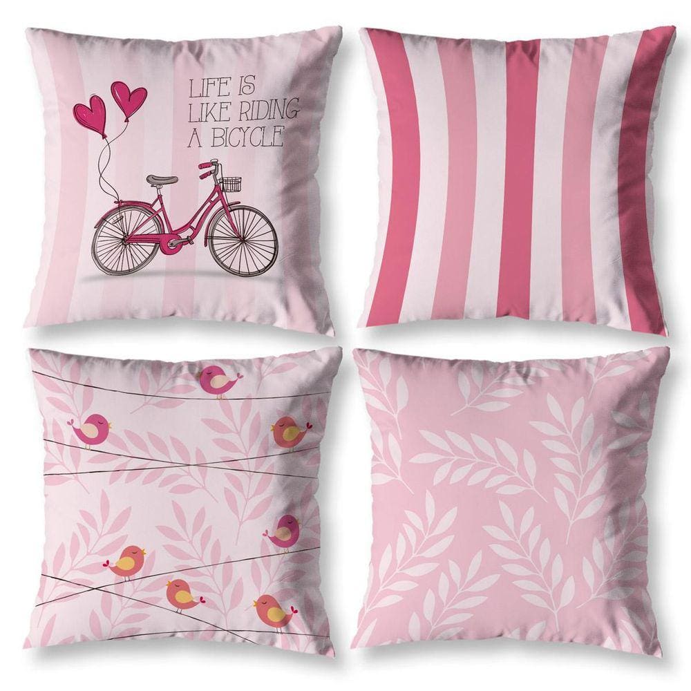 Kit 4 Almofadas Cheias Sala 40Cm X 40Cm Estampadas Bike Rosa