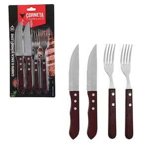 Kit Garfo e Faca Jumbo p/ Churrasco Inox Madeira Leme 4pcs