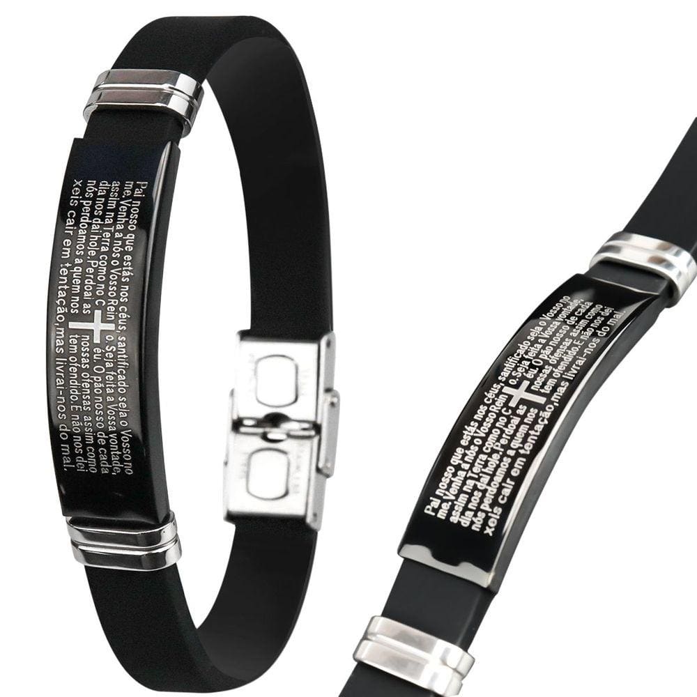 Pulseira Silicone Masculina Placa Oração Pai Nosso Preta Presente Social Moda Masculina